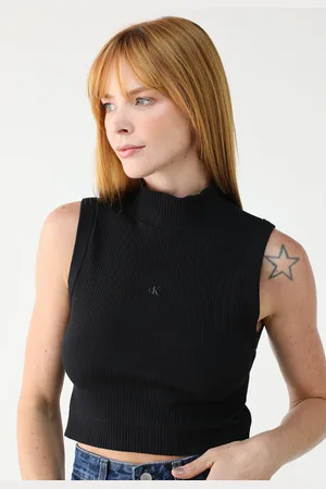 Calvin Klein Regata Cropped Canelada Ajustada Logo Preta