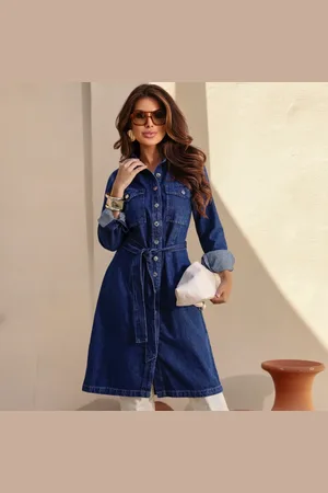 Revanche Vestido Jeans Manga Longa Com Cinto Feminina Cidônia