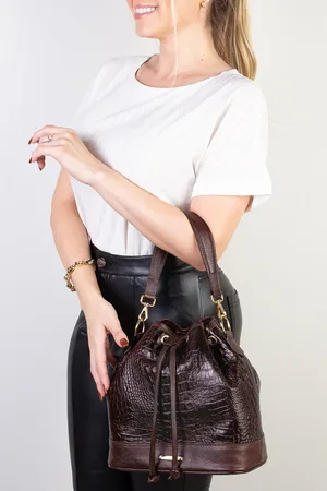 Andrea Vinci Bolsa Saco Em Couro Croco Nadia - Café