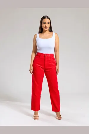 Razon Calça Feminina Razon Jenas Sarja Mom Basica Vermelha