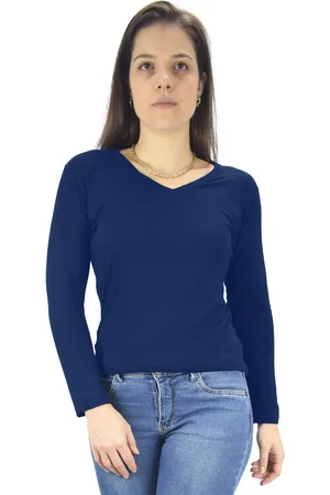 Butu Biru Blusa Feminina Longa Gola V Segunda Pele Básica Tshirt