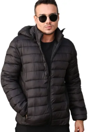 Industrie Jaqueta Masculina Puffer Flanelada Com Capuz Blusa Frio Impermeável Preta