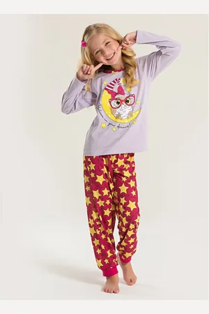 Molekada Pijama Longo Menina Lilás Blusa e Calça Coruja Estrelar