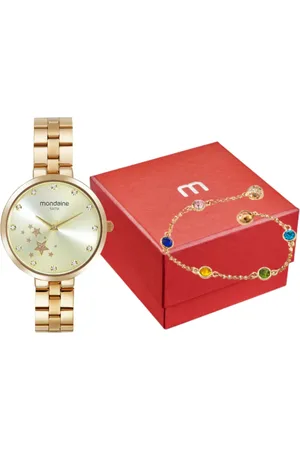 Mondaine Kit Relógio Feminino Estrelas com Pulseira Cristais Colorida
