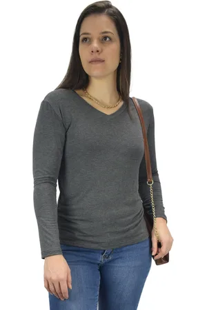 Butu Biru Blusa Feminina Longa Gola V Segunda Pele Básica Tshirt Mescla Escuro