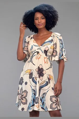 Amazonia Vital Vestido Midi Manga Ampla Estampa Tucanos Azul