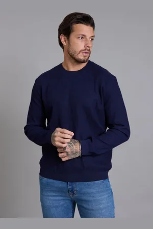 Dialogo Jeans Suéter em Tricô Canelado Masculino Manga Longa na Cor Azul Marinho Dialogo