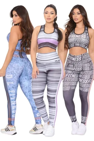 Dl Kit 3 Conjuntos de Academia Feminino Top e Calça Estampada Cintura Alta Linha Premium