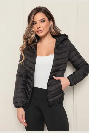 Avec Jaqueta Feminina Nylon Puffer Forrada Capuz Preta