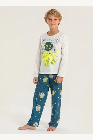 Molekada Pijama Longo Menino Natural Blusa e Calça Astronauta Brilha No Escuro