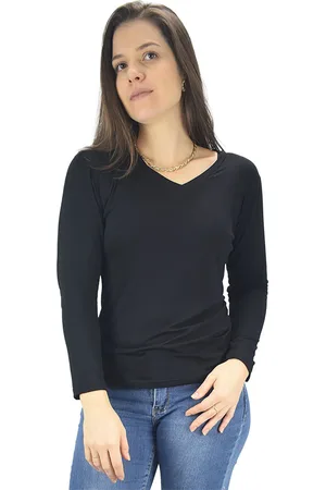 Butu Biru Blusa Feminina Longa Gola V Segunda Pele Básica Tshirt