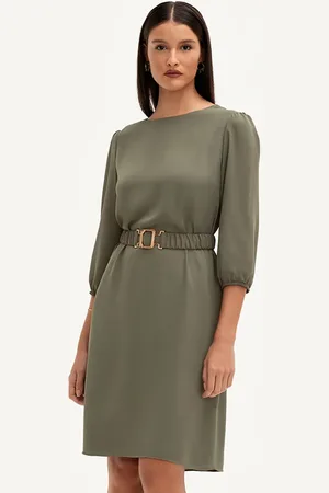 Principessa Vestido Clássico com Cinto e Fivela Dourada Verde Oliva Vilmara