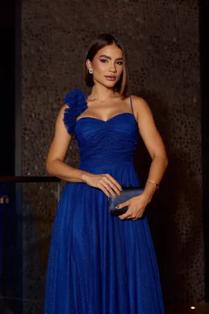 Cia do Vestido Vestido Longo de Festa Madrinhas Detalhe na Alcinha Micro Tule com Brilho Rama Royal