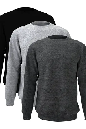 Bueno Kit 3 Blusa De Frio Moletom Com Gola Redonda Sem Capuz No Algodão Liso Felpado Cinza Chumbo