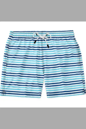 Bueno Shorts Masculino Tactel e Elastano Estampado Leve c/ Elástico e Cordão Ajustável na Cintura Bolsos Laterais e Secagem Rápida Uso Casual Treino Academia Listrada Azuis e Branco
