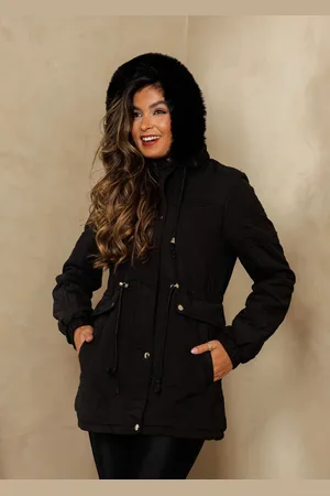 Cia do Vestido Jaqueta Parka Sobretudo Sarja Com Capuz Removível com Ajuste na Cintura Forrada