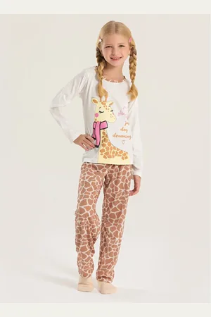 Molekada Pijama Longo Menina Natural Blusa e Calça Girafinha