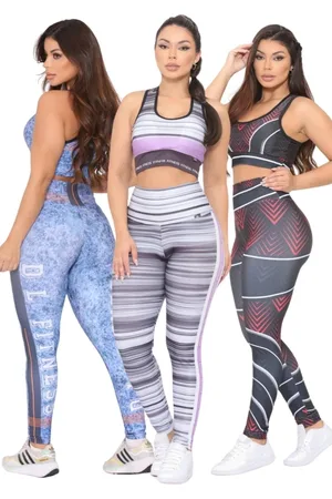 Dl Kit 3 Conjuntos Feminino Calça e Top de Academia Cintura Alta Linha Premium