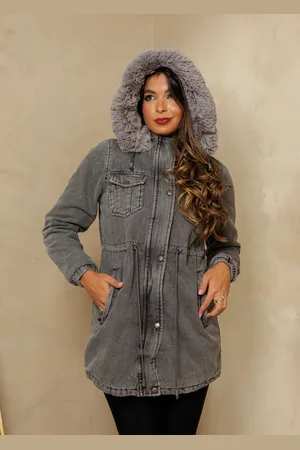 Cia do Vestido Jaqueta Parka Jeans Forrada Com Capuz Ajuste na Cintura Cinza