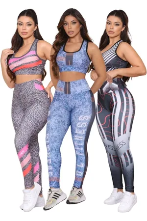 Dl Kit 3 Conjuntos Fitness Top e Calça Estampadas Cintura Alta Tecido Premium Não Transparente
