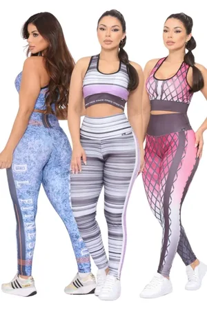Dl Kit 3 Conjuntos Calça e Top de Academia Cintura Alta Linha Premium