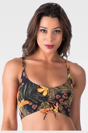 Summer Soul Top Cropped Franzido Com Bojo Removível Folhagem Preto