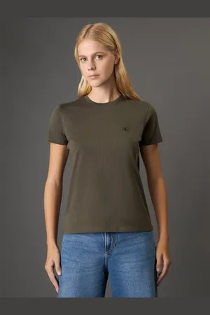 Calvin Klein Camiseta Feminina Regular Logo Bordado - Militar