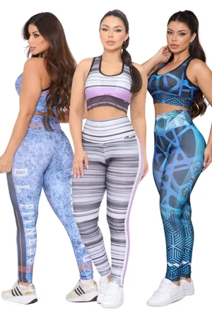 Dl Kit 3 Conjuntos Fitness Academia Calça e Top Feminino Cintura Alta