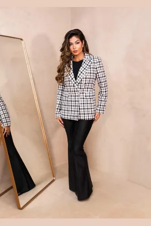 Cia do Vestido Jaqueta Casaco Xadrez Alongado New York Tweed Preto e