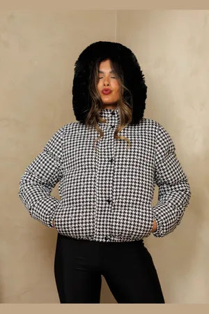 Cia do Vestido Jaqueta Puffer Xadrez Grossa Inverno Com Capuz Nathanny