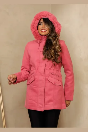 Cia do Vestido Jaqueta Parka Lã Batida Sobretudo Forrada com Capuz Removível Casaco Inverno Rosa Pink