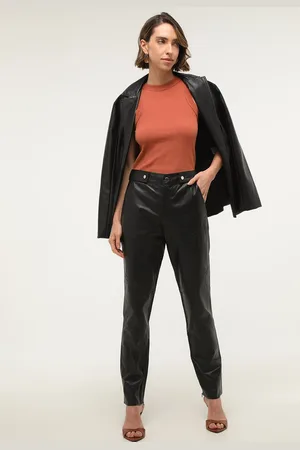 LANCA PERFUME Calça Couro Slim Zíper Barra Preta