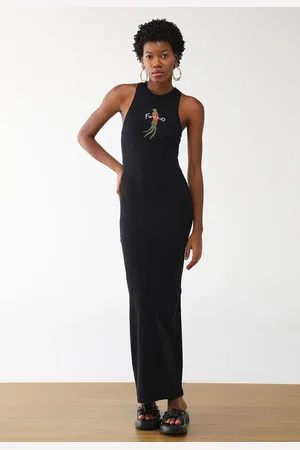 Gentleman Farmer Vestido Midi Ribana Estampado Passáros Preta
