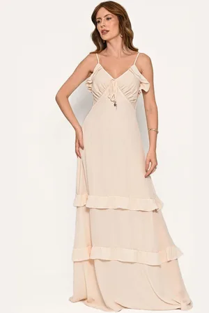 Bisô Vestido Longo Crepe Babados Areia - Areia