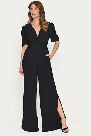 Bisô Macacão Pantalona Fendas Liso Marinho - Azul-marinho