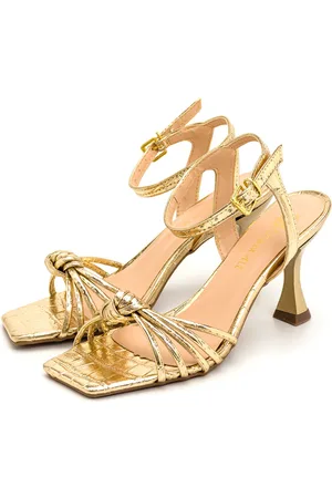 Flor da Pele Sandalia Salto Quadrado Feminino Com Tiras Dourada Feminina