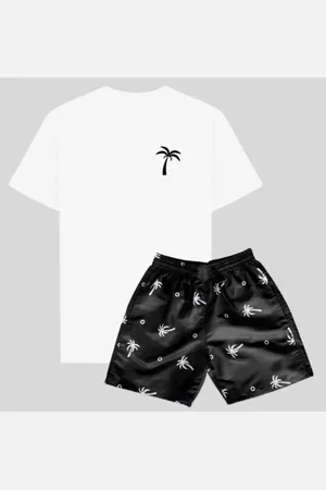 Relaxado Conjunto Masculino 2 pçs Camiseta Básica Branca e Short Tactel Preto Estampa Coqueiros