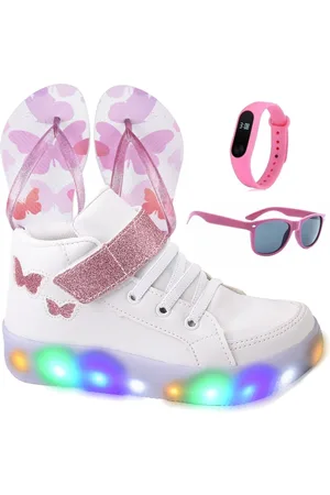 CALCADOS LGHT LIGHT Infantil - Tenis Feminino de Led Botinha Borboleta Glitter Calce Facil + Chinelo + Oculos + Relogio