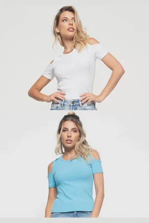 Salvatore Fashion Kit 2 Blusas Salvatore Ombro Vazado Malha Canelada Branca e Azul Claro