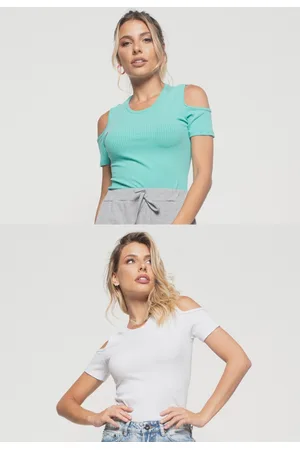 Salvatore Fashion Kit 2 Blusas Salvatore Ombro Vazado Malha Canelada Branca e Verde Claro