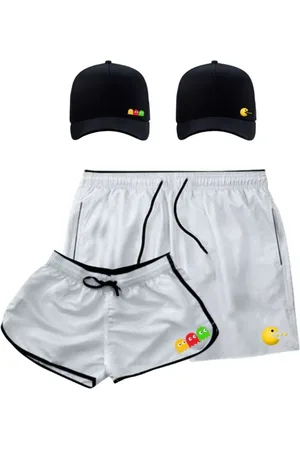 Relaxado Kit Casal Mozão Combo 2 Bonés Aba Curva Strapback Preto + 2 Short Tactel Com Bolsos Estampado Bichinhos Coloridos