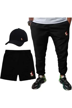 Relaxado Conjunto 3pçs Estampado Tactel Masculino Short Com Bolso Academia Calça Jogger Boné Aba Curva Caveira