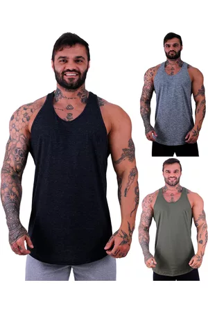 Alto Conceito Kit 3 Regatas Longline Cavada Masculina Sem Estampas Lisas Preto, Nublado e Verde Militar