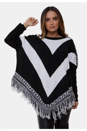 Pink Tricot Poncho De Tricô Mousse Com Franjas e Listras em V Feminino