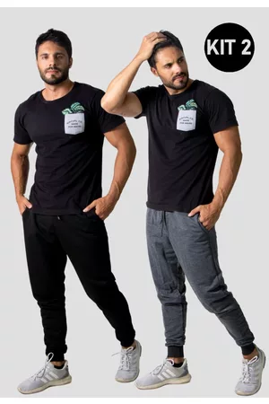 4 Estações Kit 2 Calças Moletinho Masculino Flanelado Lisa Inverno Com Punho Preto/Cinza