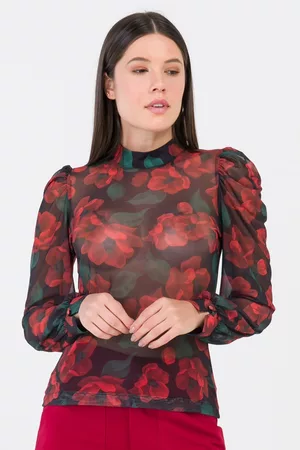 PKS Blusa Manga Longa Tule Floral Vermelho