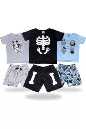 CFAstore Kit c/ 3 Conjuntos Pijama Menino Masculina Juvenil que Brilha no Escuro 2 Ate 12 Anos