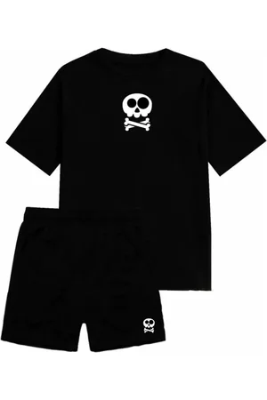 Relaxado Conjunto Masculino Short Tactel Camiseta Algodão Kit Verão Adulto Caveira
