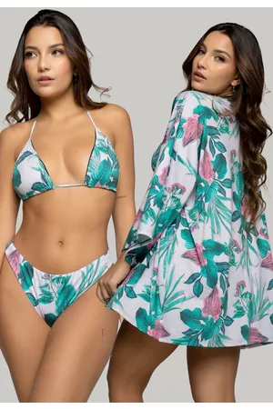 Vicbela Combo Biquini Cortininha Calcinha Comum Estampado + Saida de Praia Kimono Curto Manga Longa Proteção UV Moda Praia Feminina Verão