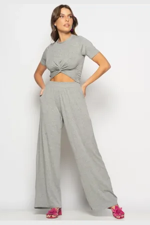Salvatore Fashion Conjunto Cropped Nó e Wide Leg Malha Salvatore Mescla